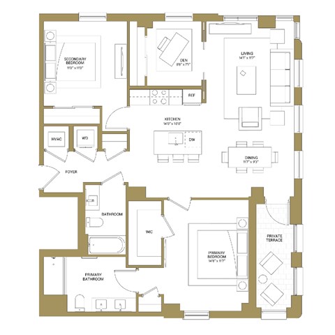 A floor plan of a house with a living room, dining room, kitchen, and multiple bathrooms.
